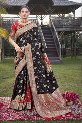 Black woven Banarasi silk blend saree with blouse 1