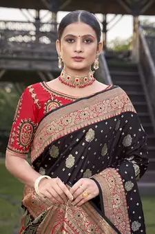 Black woven Banarasi silk blend saree with blouse
