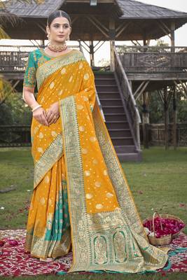 Blue woven Banarasi silk blend saree with blouse 1
