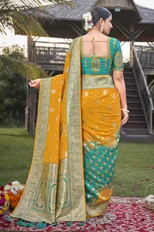 Blue woven Banarasi silk blend saree with blouse