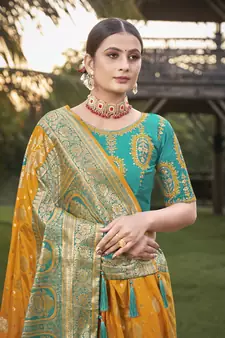 Blue woven Banarasi silk blend saree with blouse