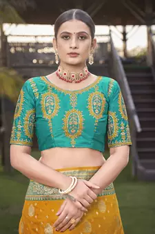 Blue woven Banarasi silk blend saree with blouse