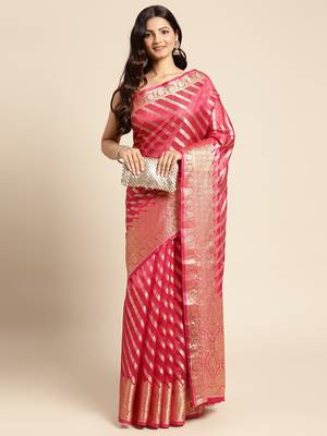 Rani Pink Woven Organza Saree With Blouse 1