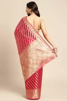 Rani Pink Woven Organza Saree With Blouse