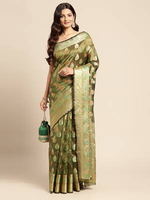 Olive Woven Organza Saree With Blouse 1