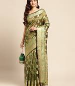 Olive Woven Organza Saree With Blouse