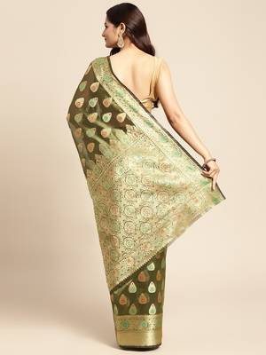 Olive Woven Organza Saree With Blouse 2