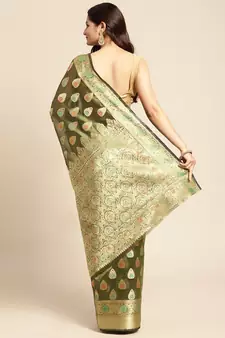 Olive Woven Organza Saree With Blouse