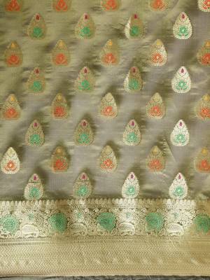 Olive Woven Organza Saree With Blouse 3