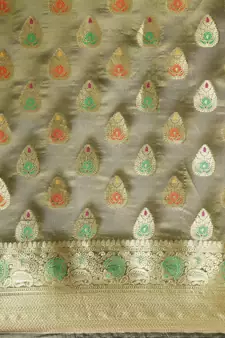 Olive Woven Organza Saree With Blouse