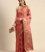 Pink Woven Organza Saree With Blouse