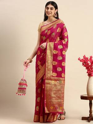 Rani Pink Woven Organza Saree With Blouse 1