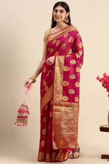 Rani Pink Woven Organza Saree With Blouse