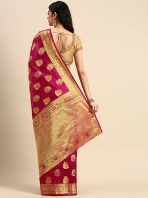 Rani Pink Woven Organza Saree With Blouse 2