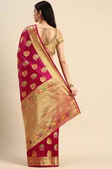 Rani Pink Woven Organza Saree With Blouse