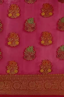 Rani Pink Woven Organza Saree With Blouse