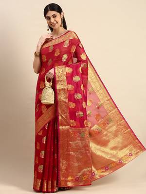 Red Woven Organza Saree With Blouse 1
