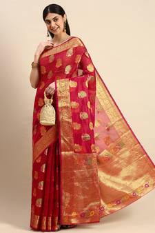 Red Woven Organza Saree With Blouse