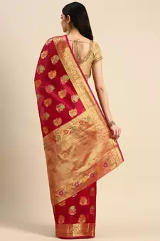 Red Woven Organza Saree With Blouse