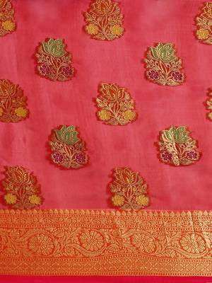 Red Woven Organza Saree With Blouse 3