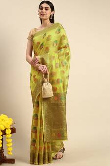 Yellow Woven Organza Saree With Blouse