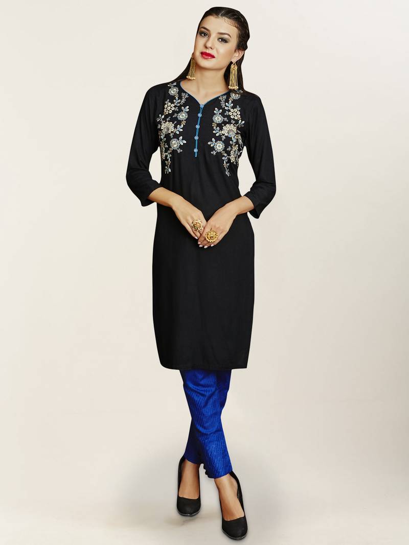 Black embroidered rayon ethnic-kurtis