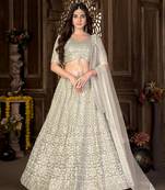 Beige zari net unstitched lehenga