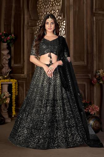 Black zari net unstitched lehenga