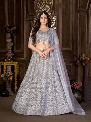 Grey zari net unstitched lehenga 1