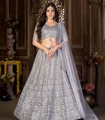 Grey zari net unstitched lehenga