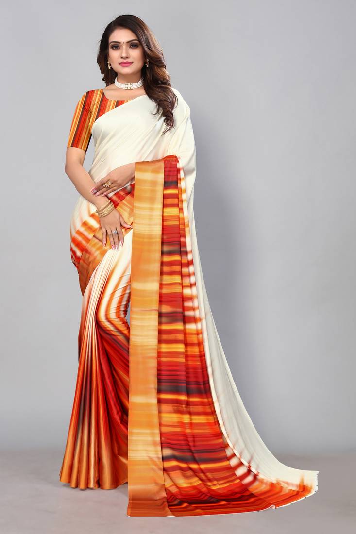 Glamrack Cream printed satin saree with blouse