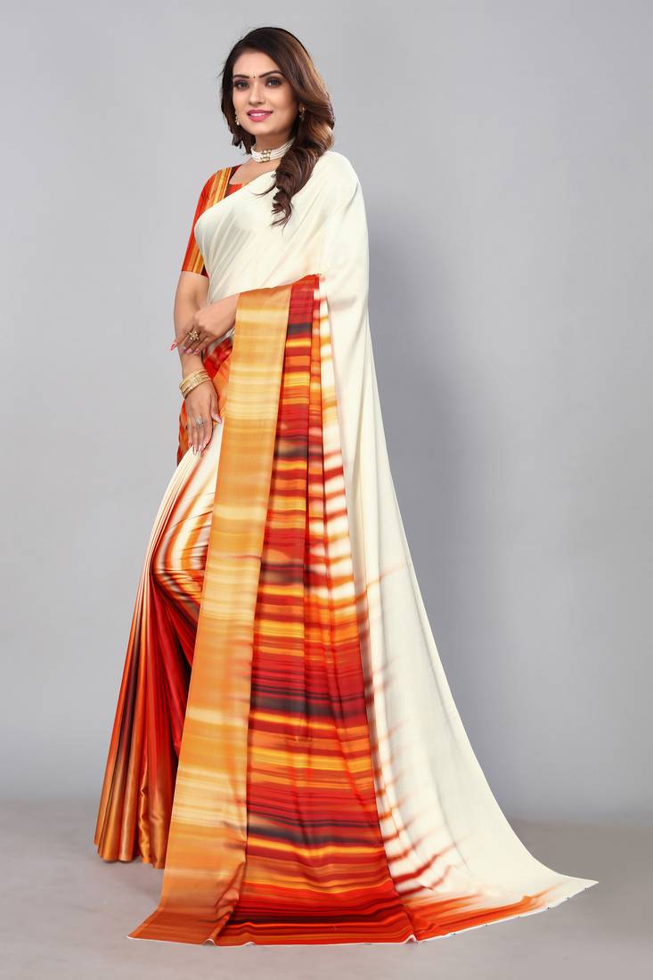 Glamrack Cream printed satin saree with blouse