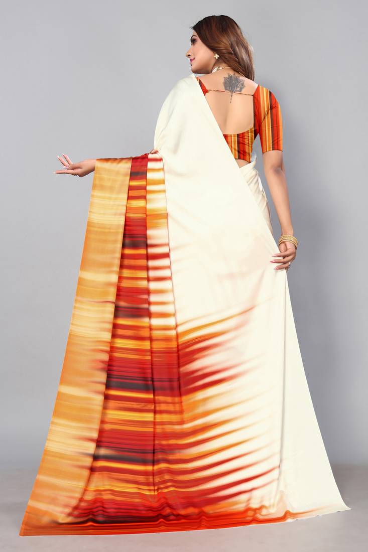 Glamrack Cream printed satin saree with blouse