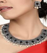 Oxidised Silver Toned Handcrafted Necklace Set with black stones and Pearls For Women And Girls