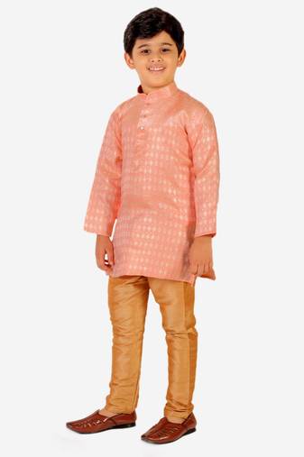 Peach Stripes Cotton Jacquard Kurta Pajama Set // Traditional Wear