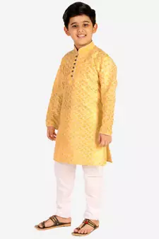 Yellow Stripes SIlk Jacquard Kurta Pajama Set // Traditional Wear
