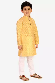Yellow Stripes SIlk Jacquard Kurta Pajama Set // Traditional Wear