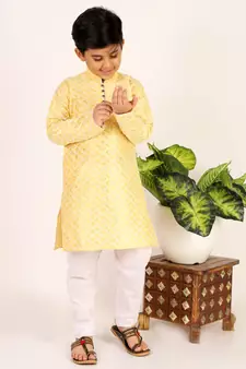Yellow Stripes SIlk Jacquard Kurta Pajama Set // Traditional Wear
