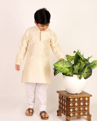 Cream Stripes SIlk Jacquard Kurta Pajama Set // Traditional Wear 5