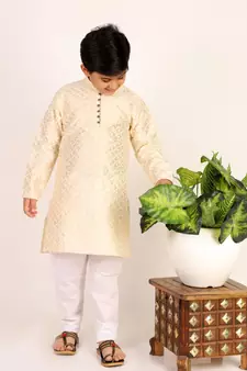 Cream Stripes SIlk Jacquard Kurta Pajama Set // Traditional Wear