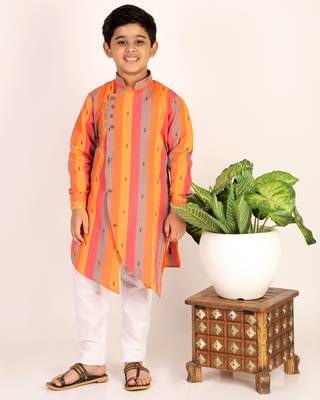 Orange Stripes Cotton Jacquard Kurta Pajama Set // Traditional Wear 1