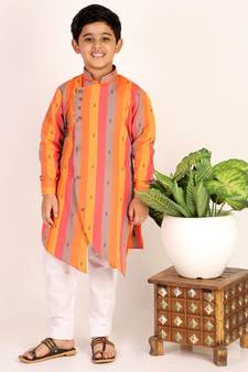 Orange Stripes Cotton Jacquard Kurta Pajama Set // Traditional Wear