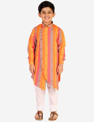 Orange Stripes Cotton Jacquard Kurta Pajama Set // Traditional Wear 3