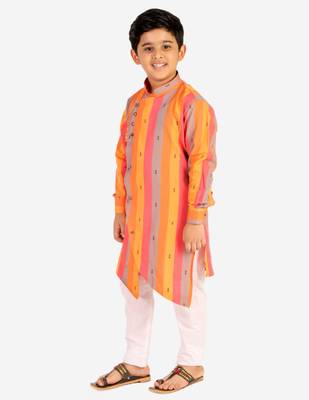 Orange Stripes Cotton Jacquard Kurta Pajama Set // Traditional Wear 5