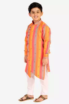Orange Stripes Cotton Jacquard Kurta Pajama Set // Traditional Wear