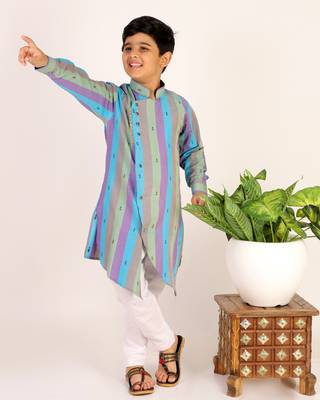 Green Stripes Cotton Jacquard Kurta Pajama Set // Traditional Wear 1