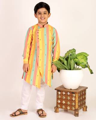 Yellow Stripes Cotton Jacquard Kurta Pajama Set // Traditional Wear 1