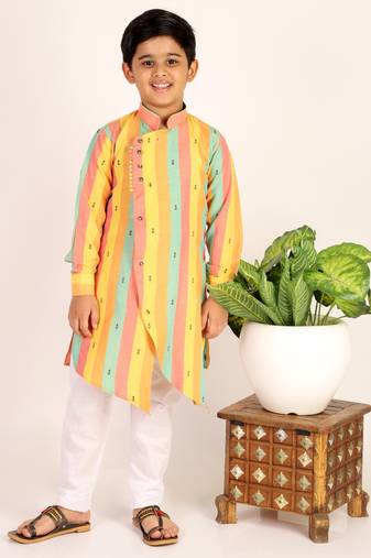 Yellow Stripes Cotton Jacquard Kurta Pajama Set // Traditional Wear