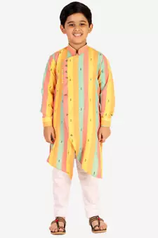 Yellow Stripes Cotton Jacquard Kurta Pajama Set // Traditional Wear