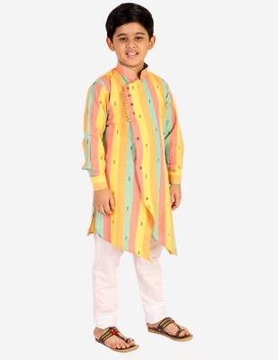 Yellow Stripes Cotton Jacquard Kurta Pajama Set // Traditional Wear 5